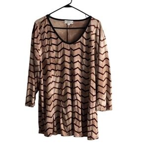 Shannon New York Womens Top 3x Brown Chevron Print Velvet Trim Peplum